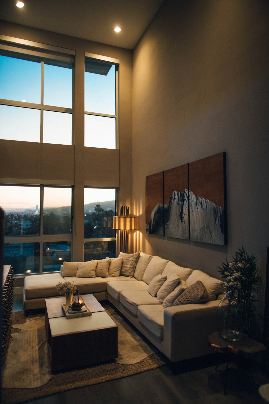 Angled sofa near a corner window in a living room