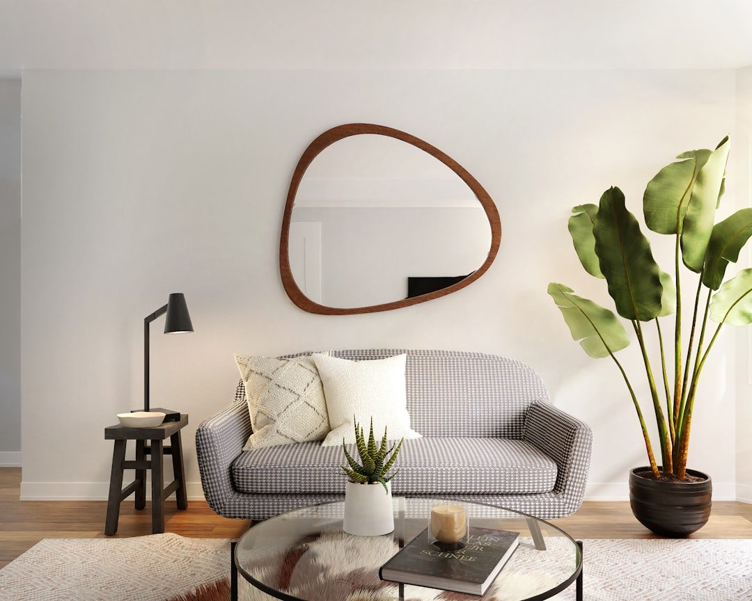 Floor mirror leaning against a living room wall
