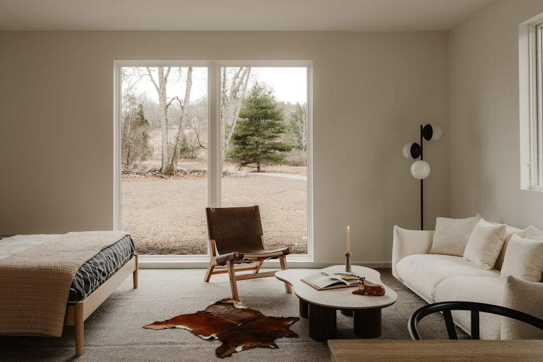 Large area rug defining a living space in a studio apartment