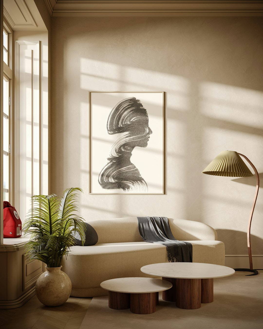 Large framed art print on a living room wall
