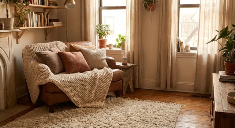 Layered soft textiles in a cozy studio apartment