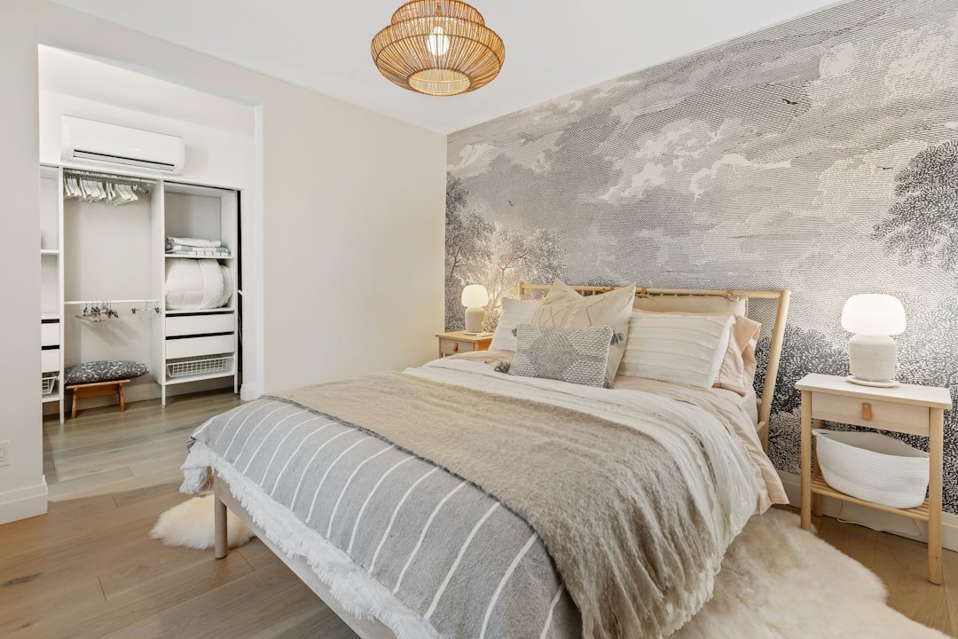 Patterned accent wallpaper wall in a bedroom