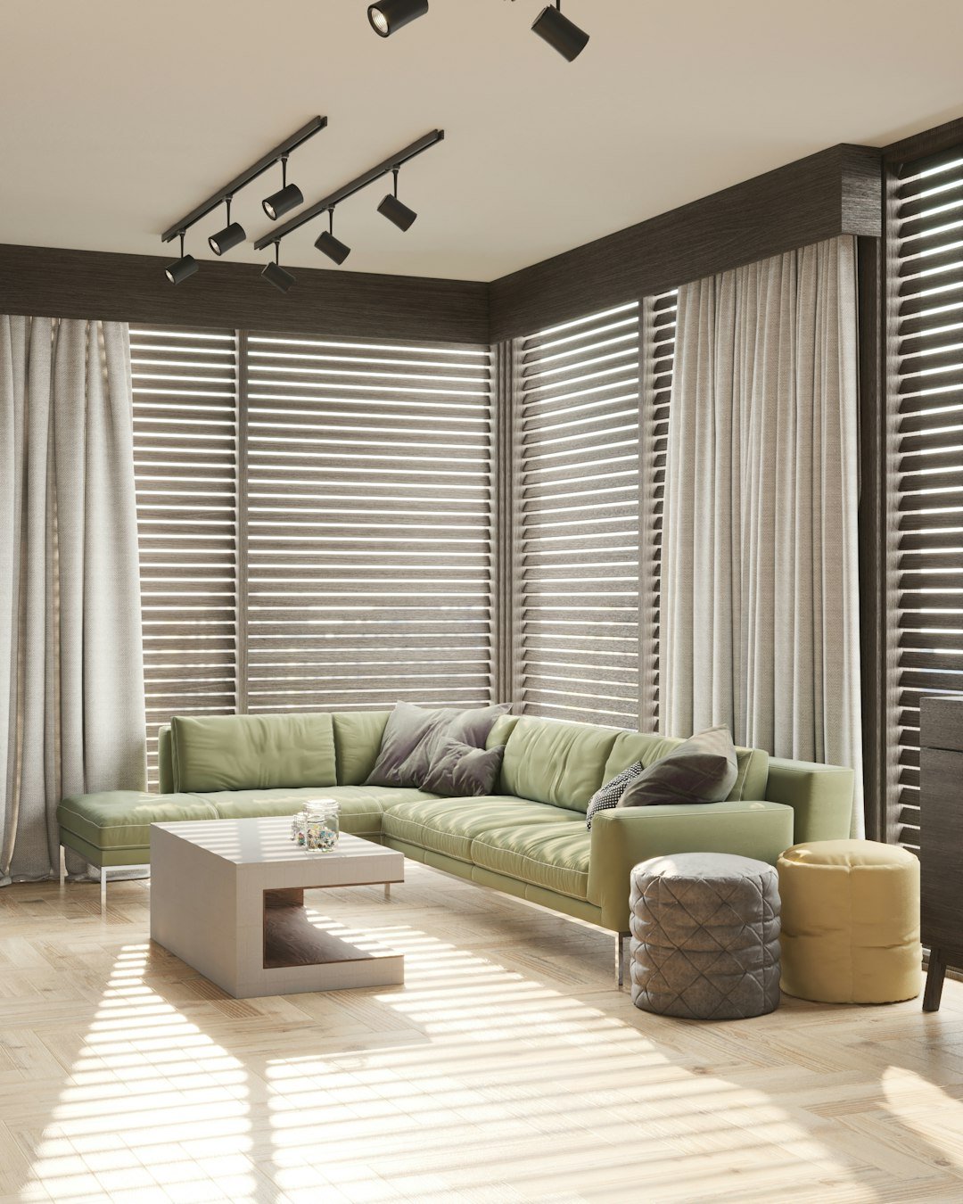 Wide curtains balancing an off-center window in a living room