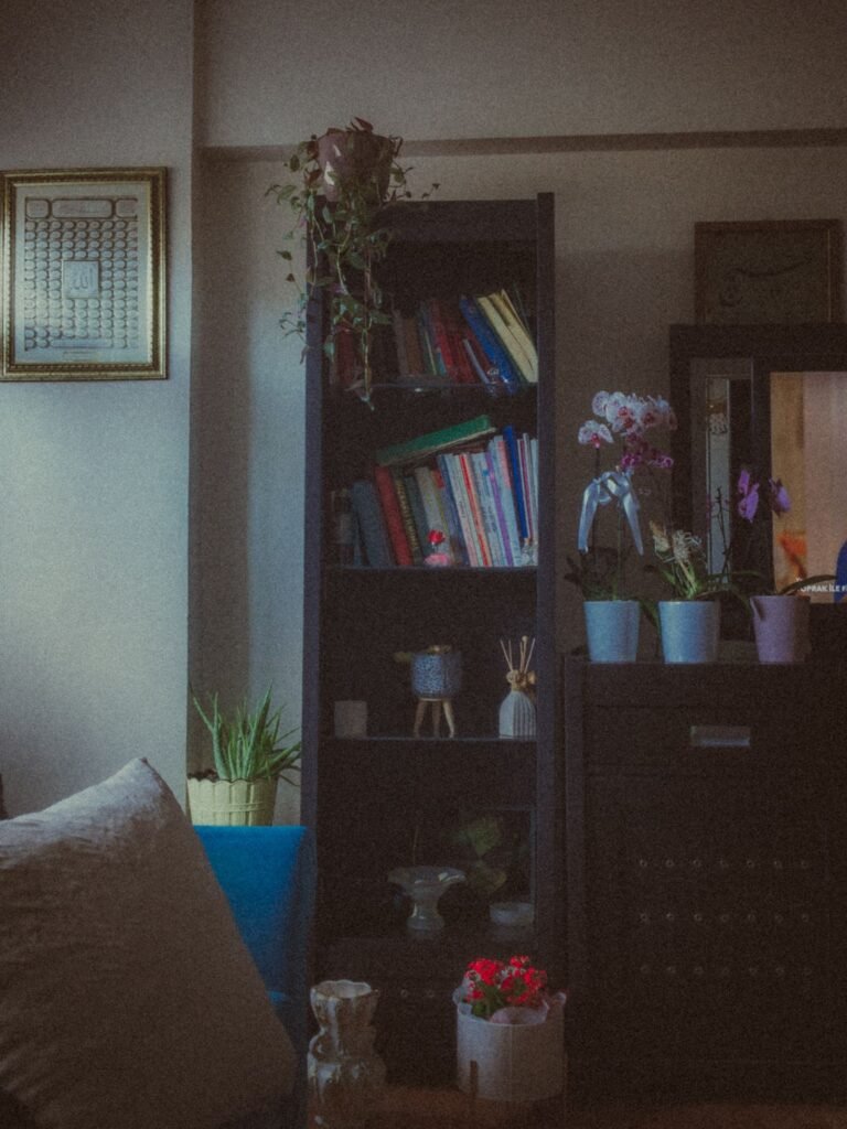 Warm inviting room with an organized bookshelf, plants and soft lighting — small apartment storage