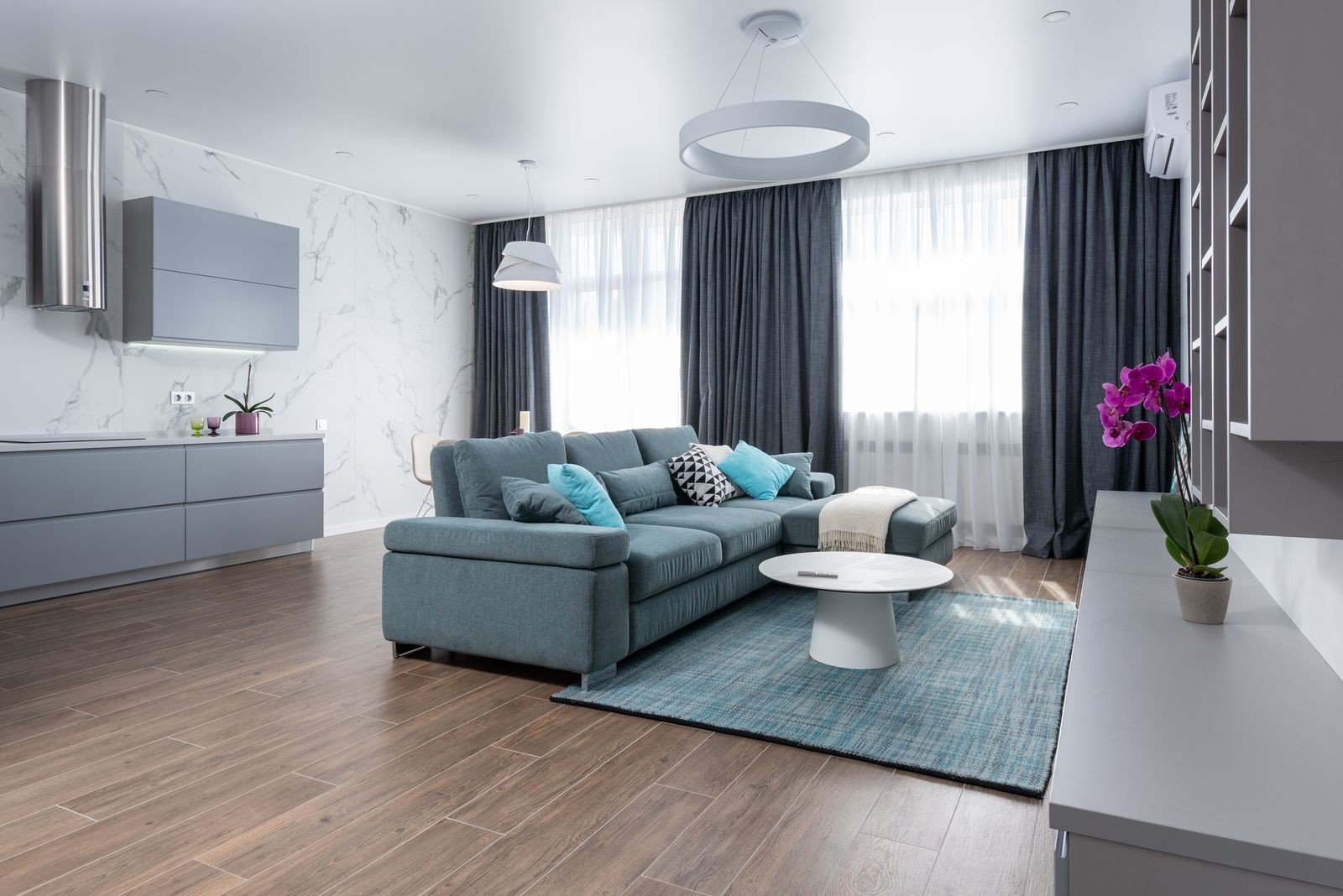 Cozy living room with a comfortable sofa and round table sitting on a large carpet — small apartment living room rug idea