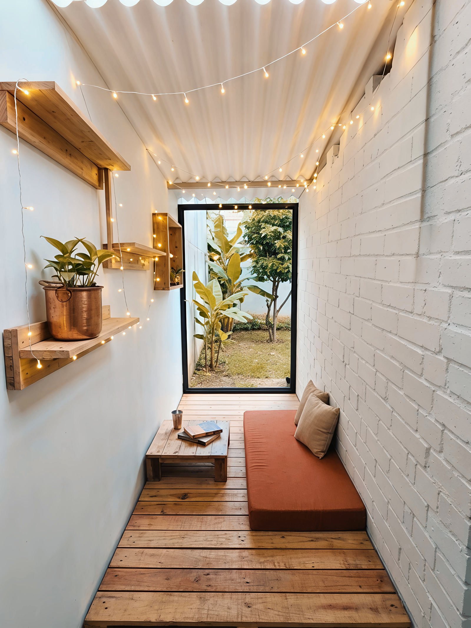 Narrow cozy nook with floor cushion, low wooden shelf, small table with books, and string lights