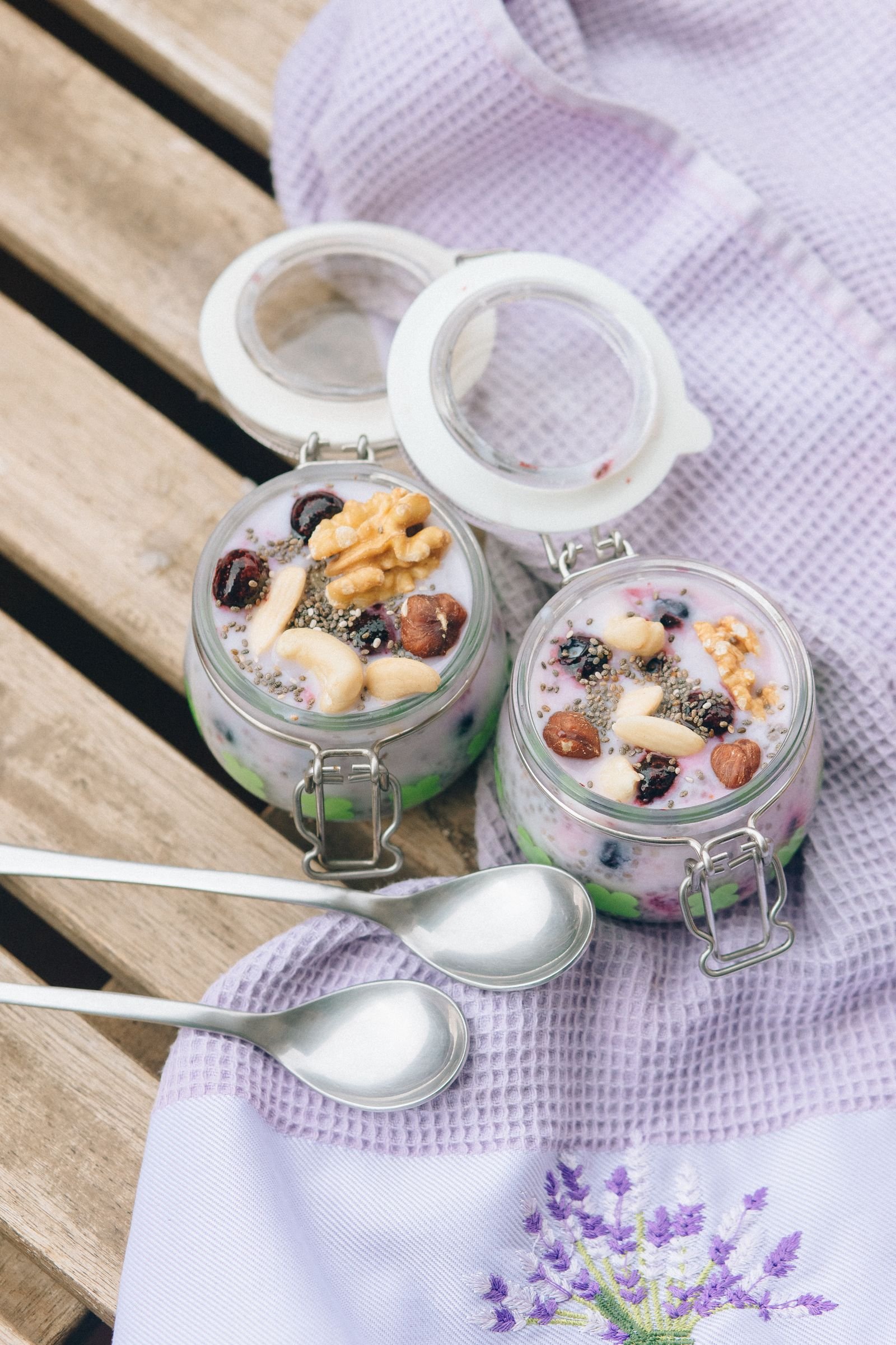 Fruit and yogurt blended in a compact personal blender — cozy small kitchen breakfast ideas