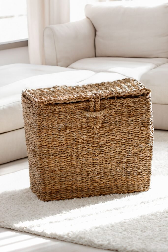 Wicker baskets in a bright entryway for holding post and parcels