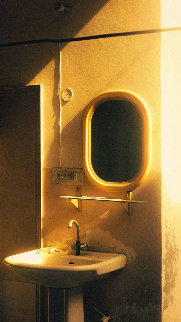 A vintage bathroom mirror and sink lit by warm sunlight — warm-white light for small bathroom lighting