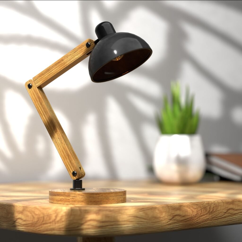 Warm wooden desk lamp glowing softly on an oak table — cozy home office