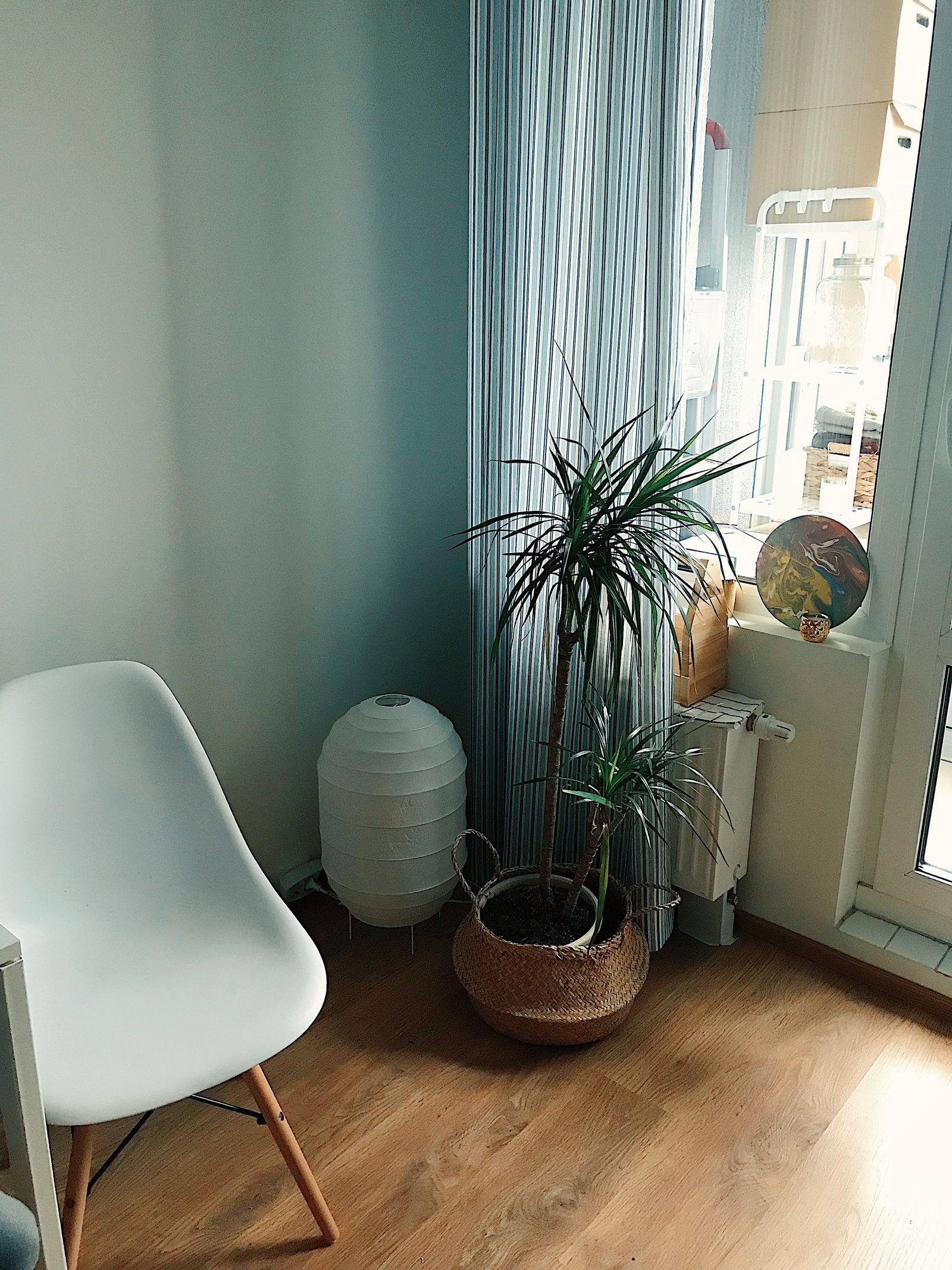 Stylish Scandinavian corner with a white chair and potted plant