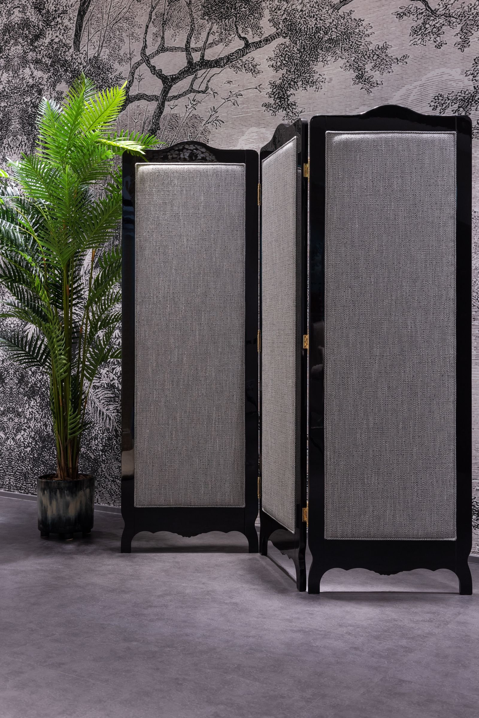 Folding room divider screen beside a potted plant in an apartment