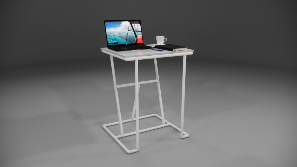 Minimalist desk with a laptop, notebook, and coffee cup in a tidy workspace — small living room office